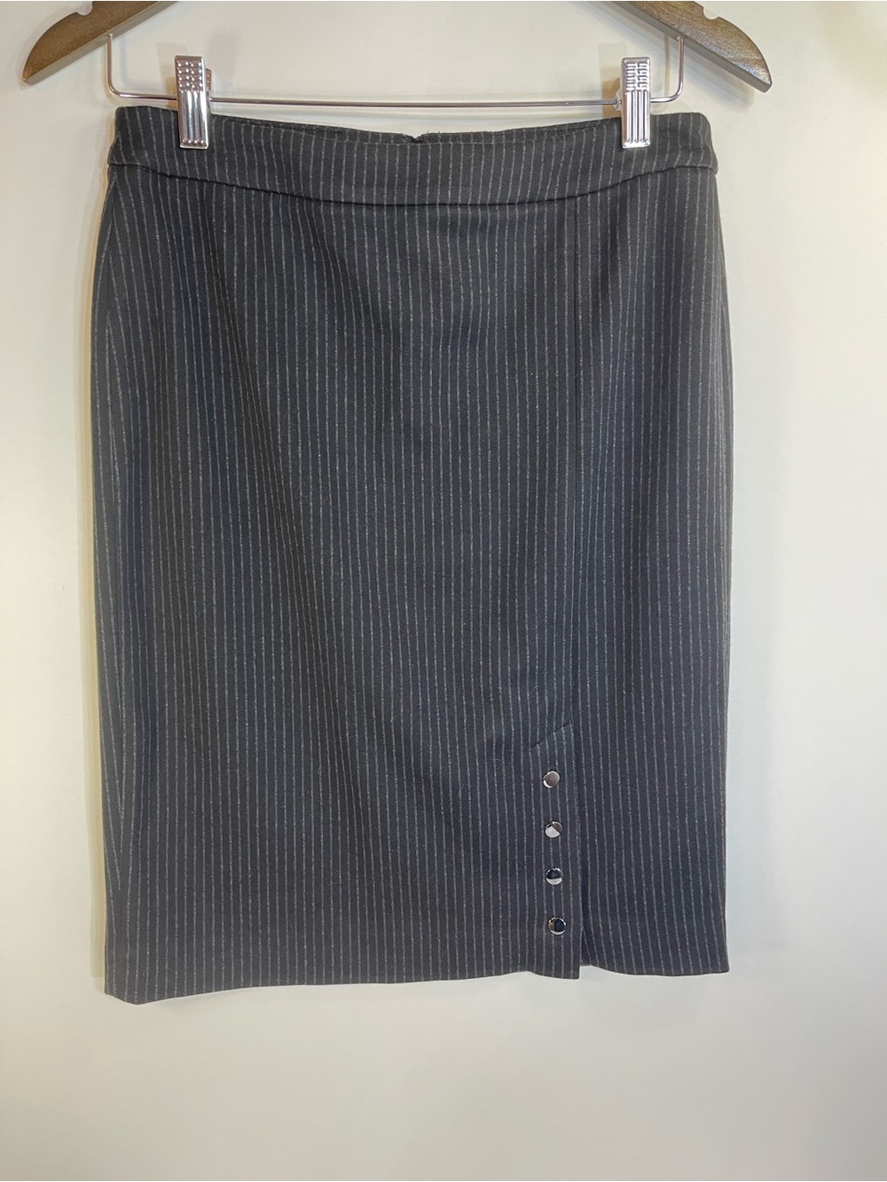 Calvin Klein Black Pinstripe Pencil Skirt with Hem Button Detail